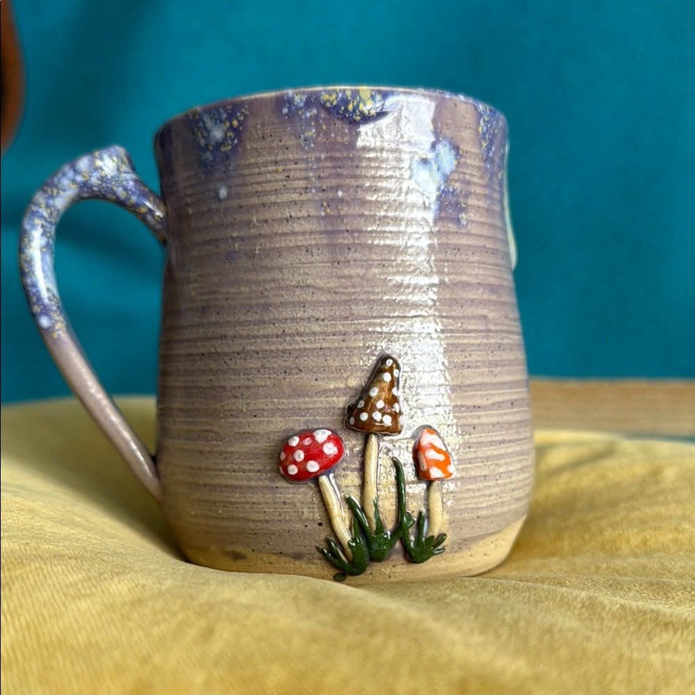Handcrafted Ceramic Mug with Mushroom Design - Purple and Tan